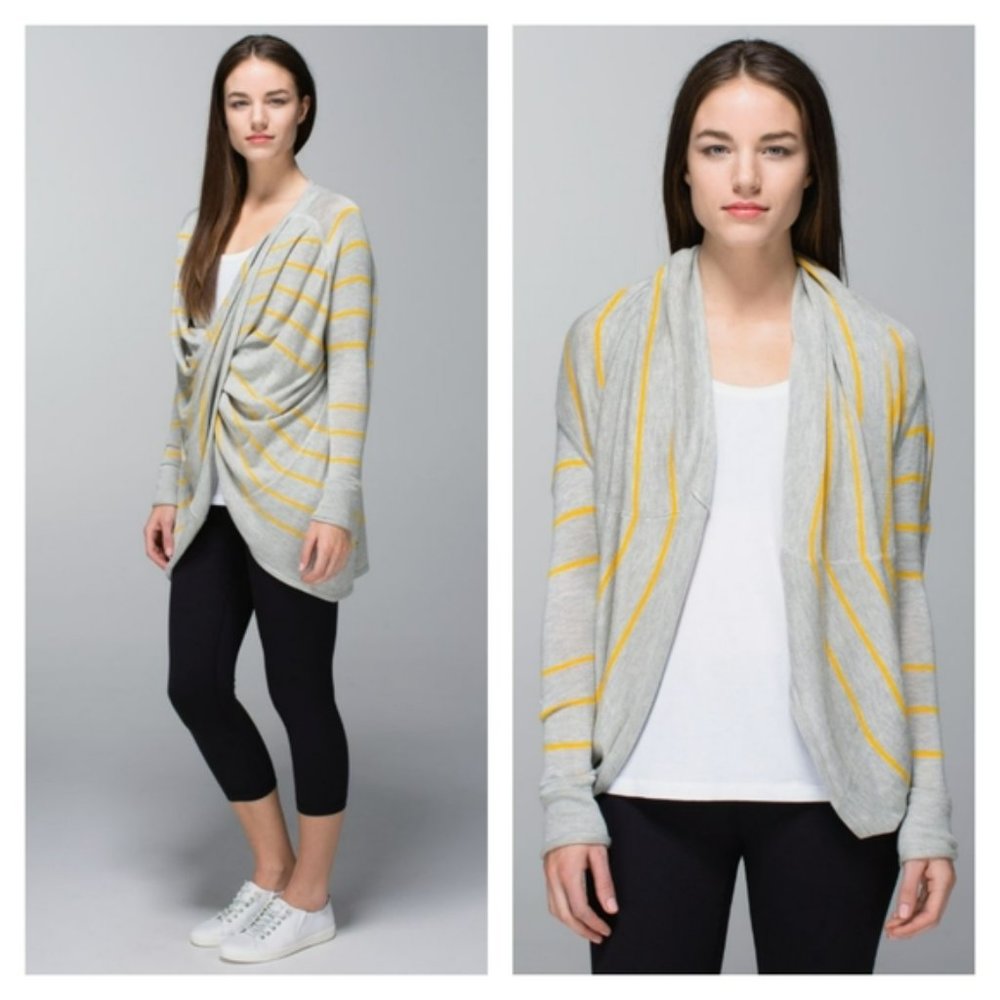 Lululemon Twist & Wrap Pop Stripe Heathered Light Grey & Yellow Sweater Size 8
